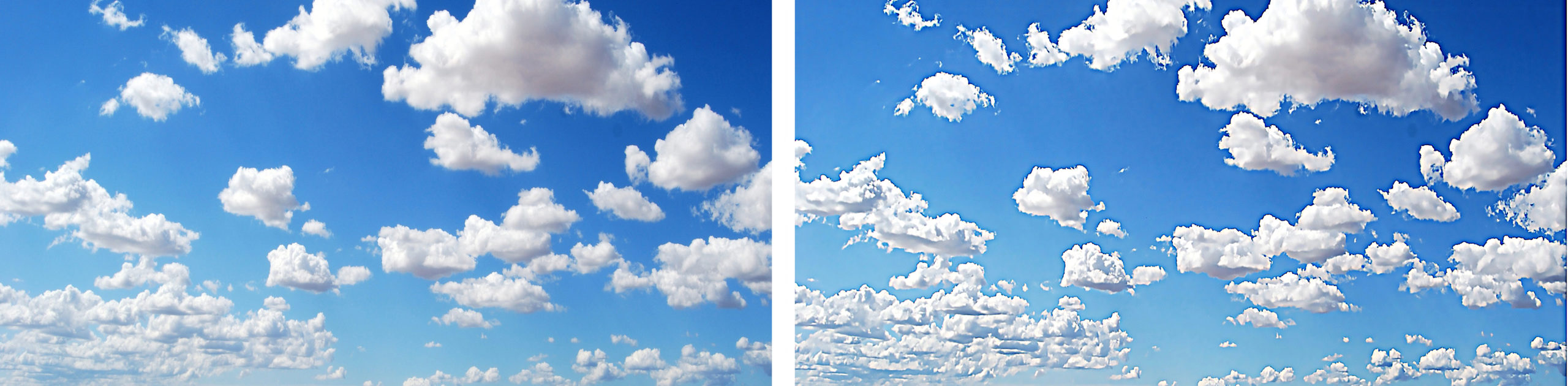 image of cumulative clouds, image on left without applied contrast, image on right with applied contrast 