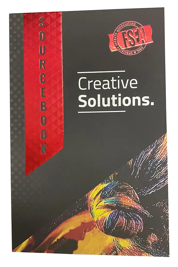 Image of the new FSEA Sourcebook cover features a black background with red foil and white text that says "creative solutions"
