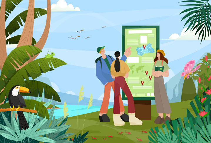 Young man and woman tourist standing and read information board while traveling in beautiful forest, drawing in cartoon style vector illustration, sustainable eco-tourism concept